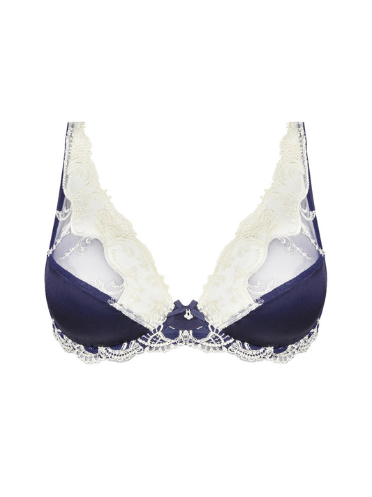 The Splendeur Soie line by Lise Charmel presents a luxurious triangle bra crafted with a satin-silk fabric and intricate Italian-made embroidery. 