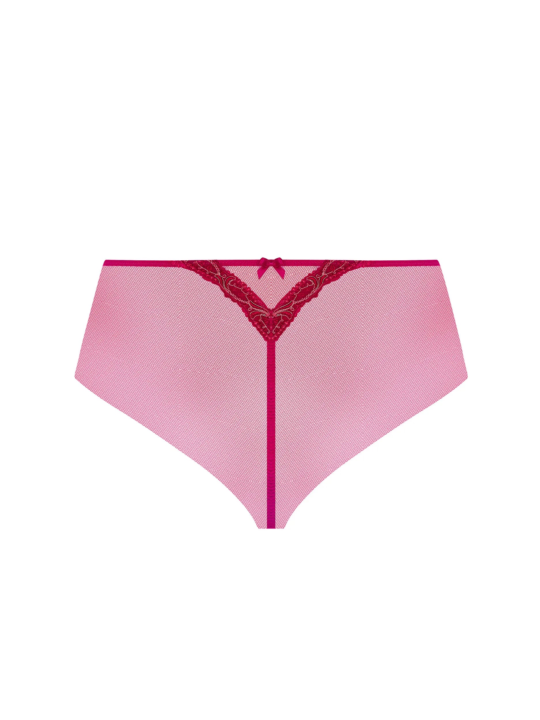Pink lace-trimmed underwear on a white background