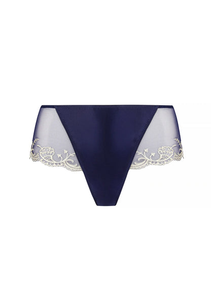 Navy blue underwear with white lace trim on a white background