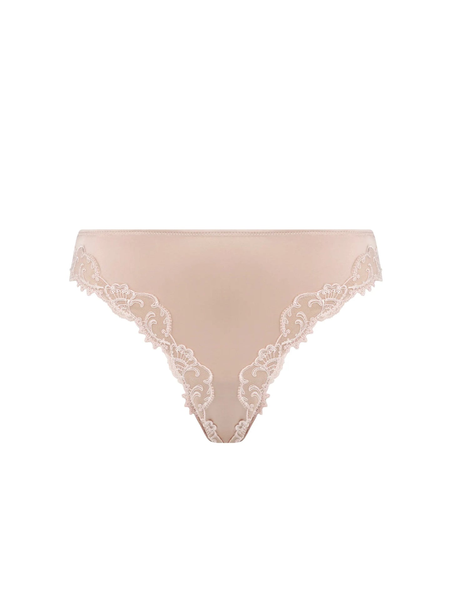 Beige lace thong on a white background