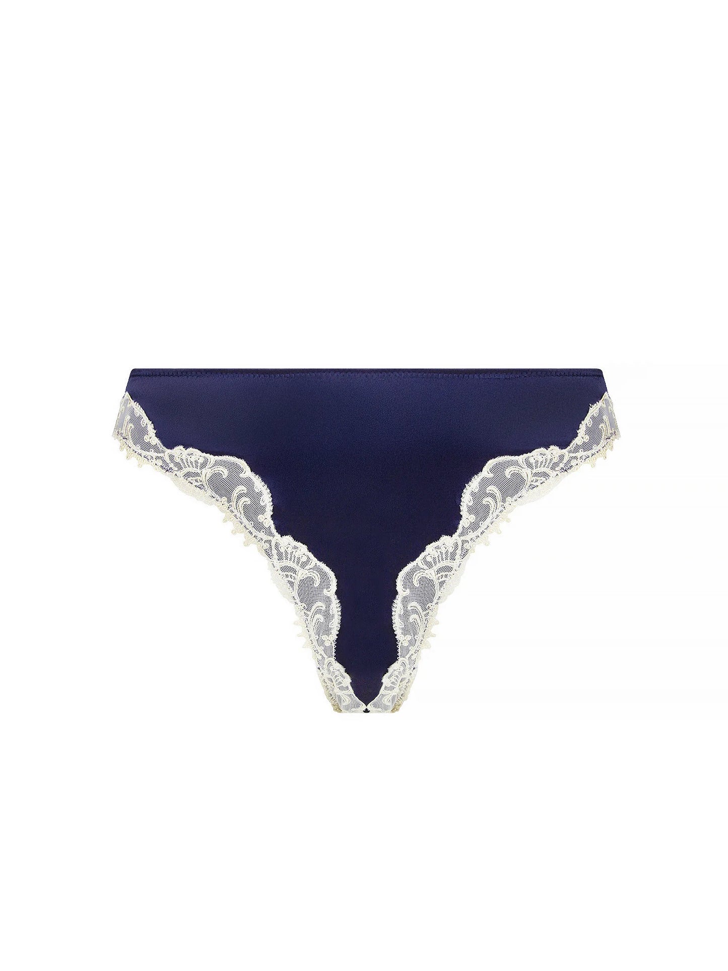 Navy blue lace-trimmed underwear on a white background