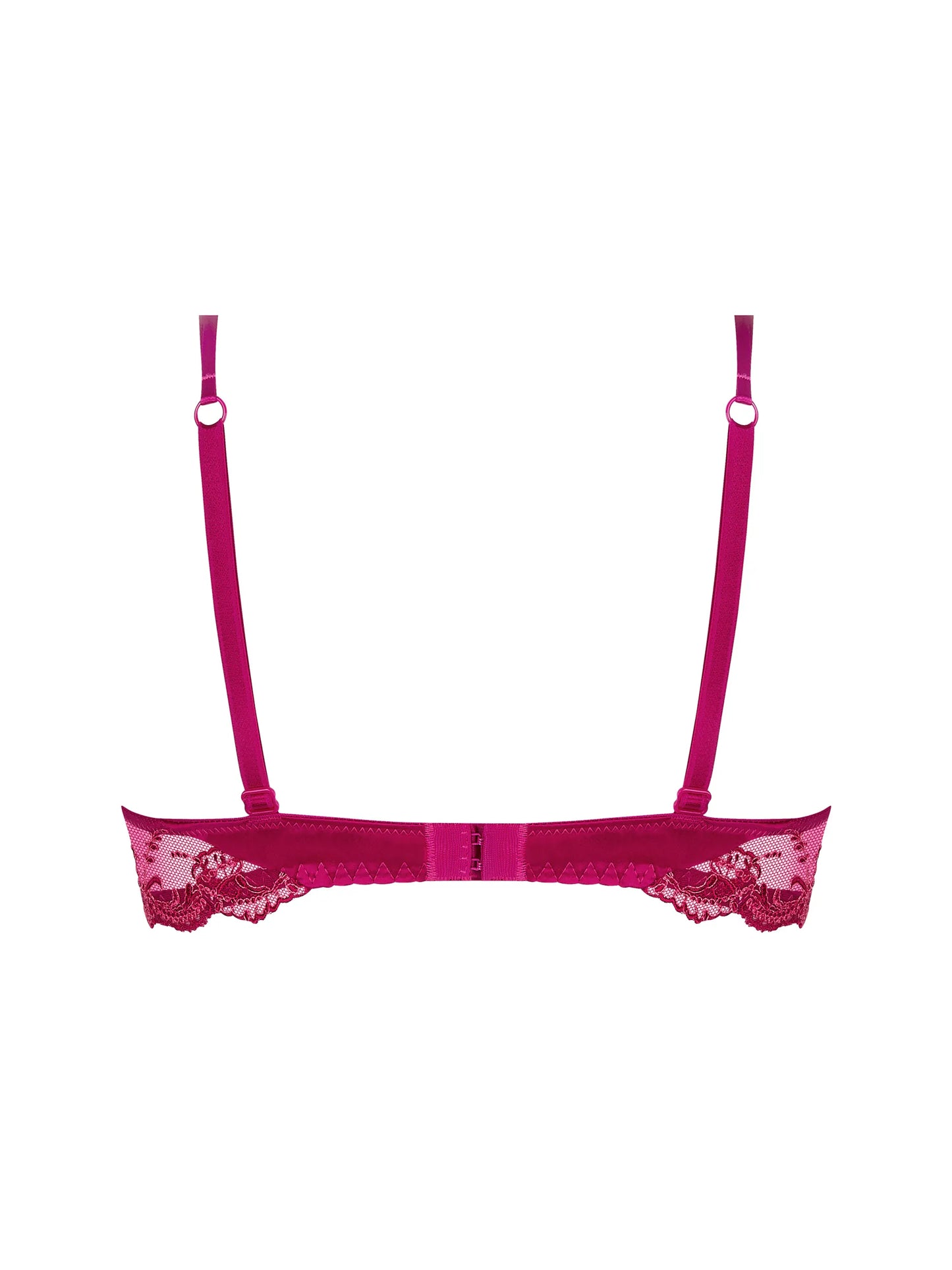Pink lace bra on a white background