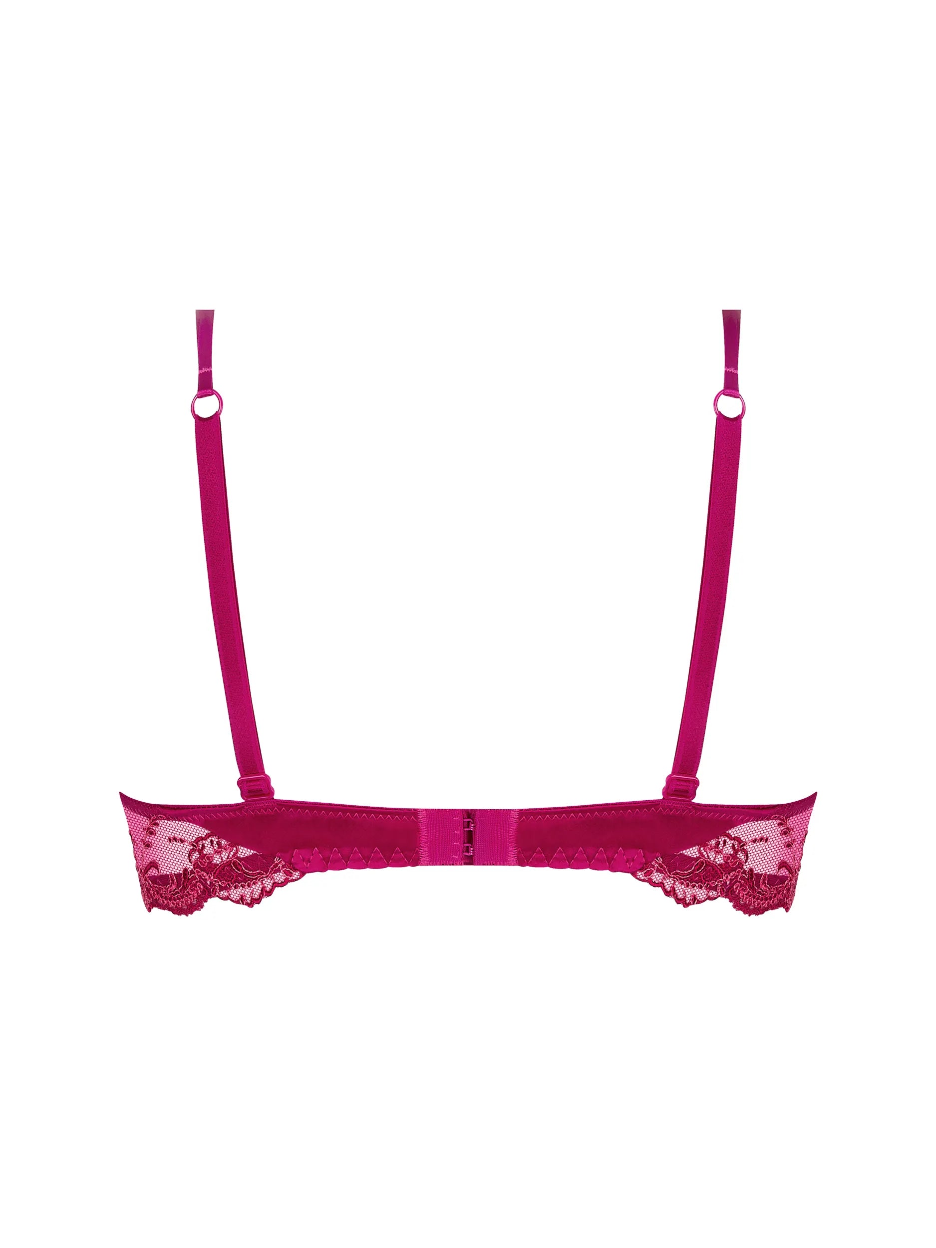 Pink lace bra on a white background