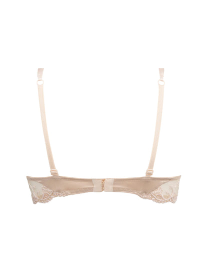 Beige bra with lace details on a white background