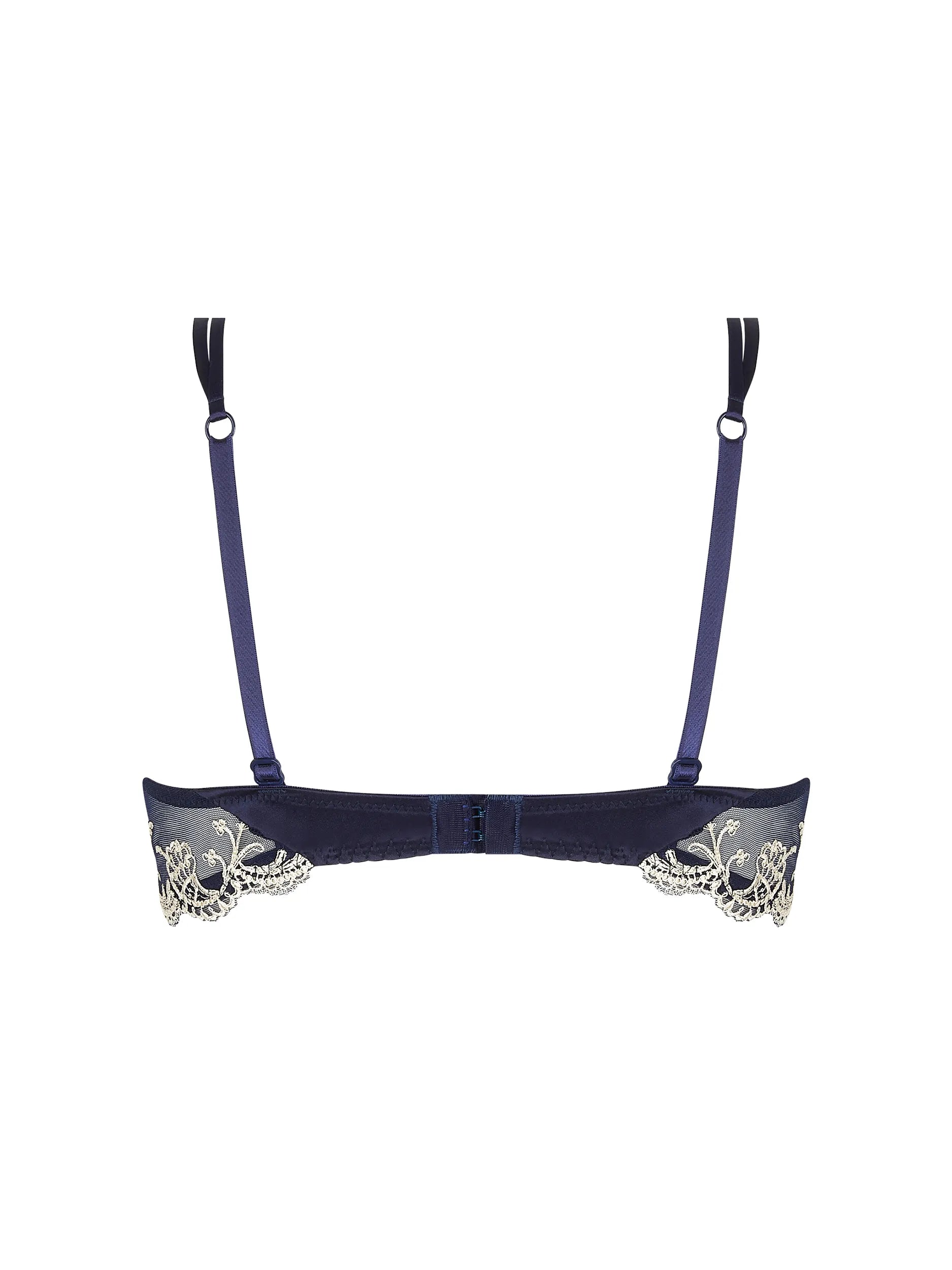 Navy blue bra with lace details on a white background