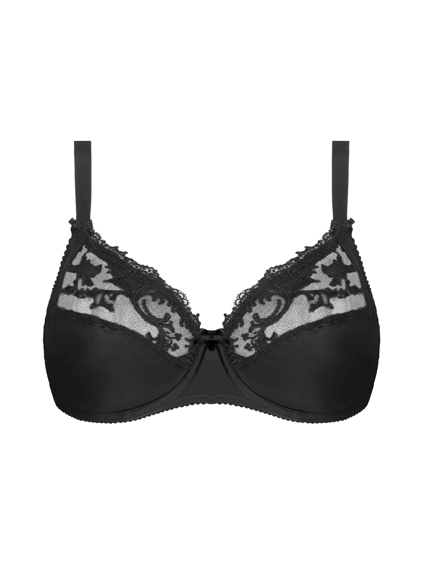 Black bra with lace detailing on a white background