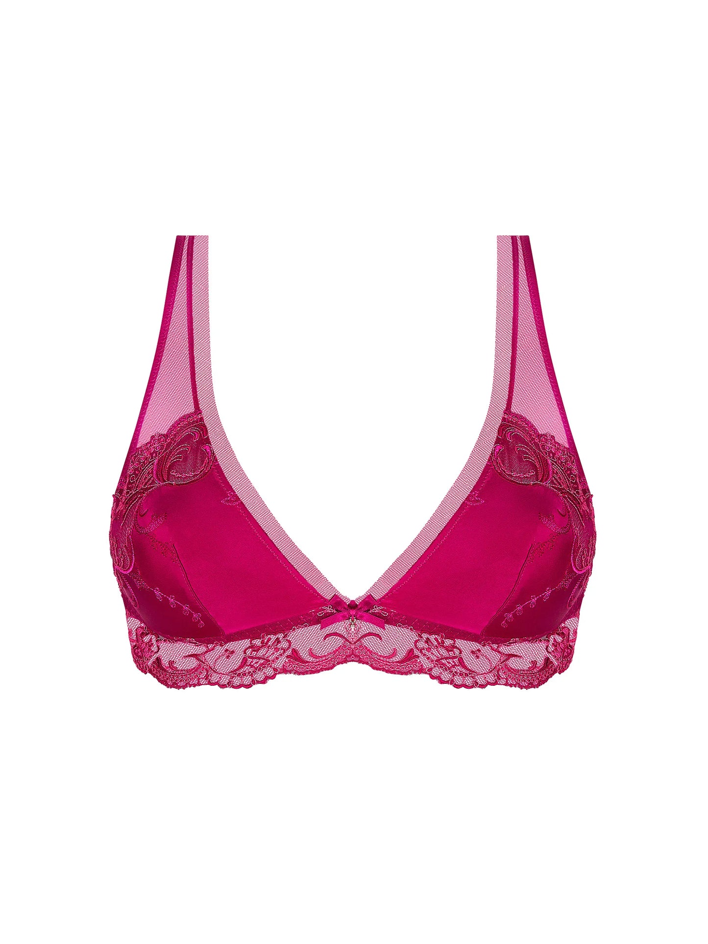 Pink bra with lace details on a white background