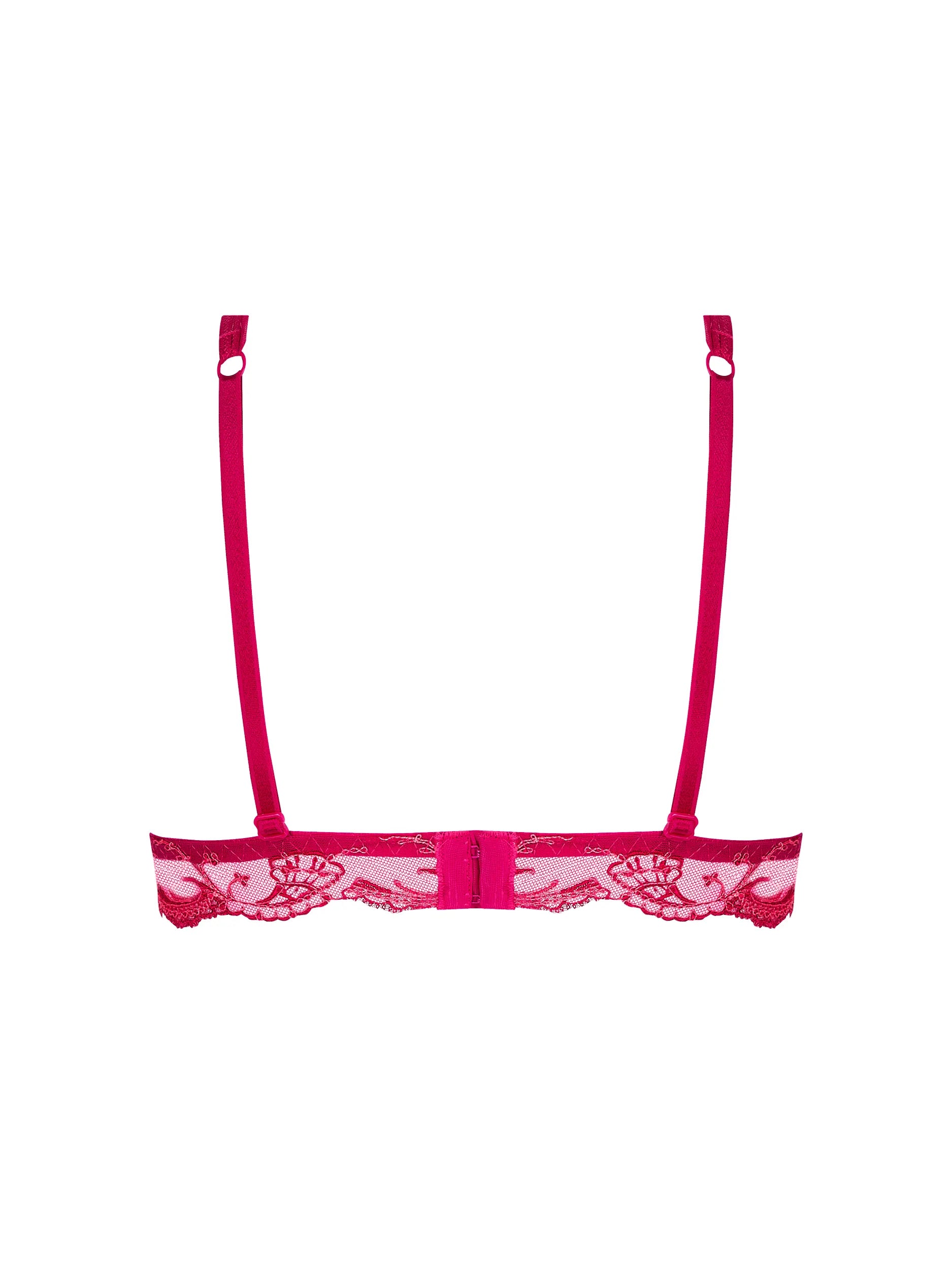 Pink lace bra on a white background