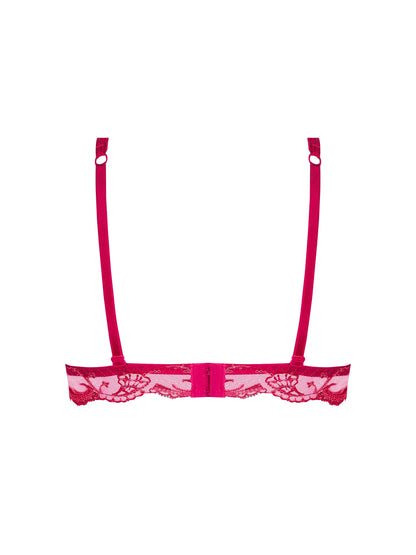 Pink lace bra on a white background