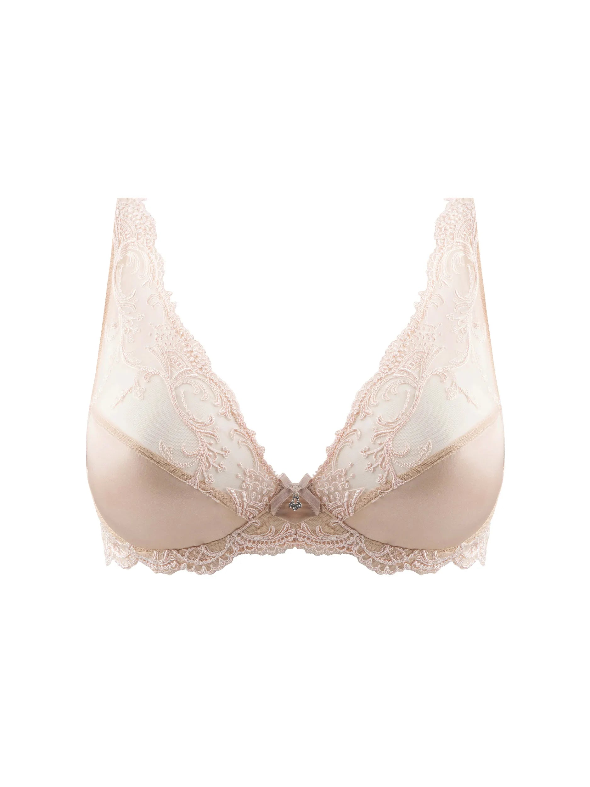 Beige lace bra on a white background