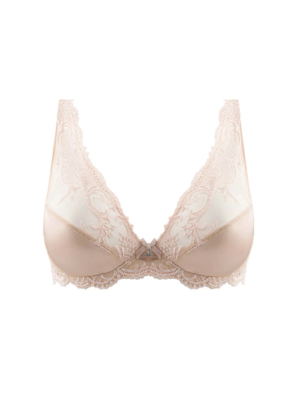 Beige lace bra on a white background