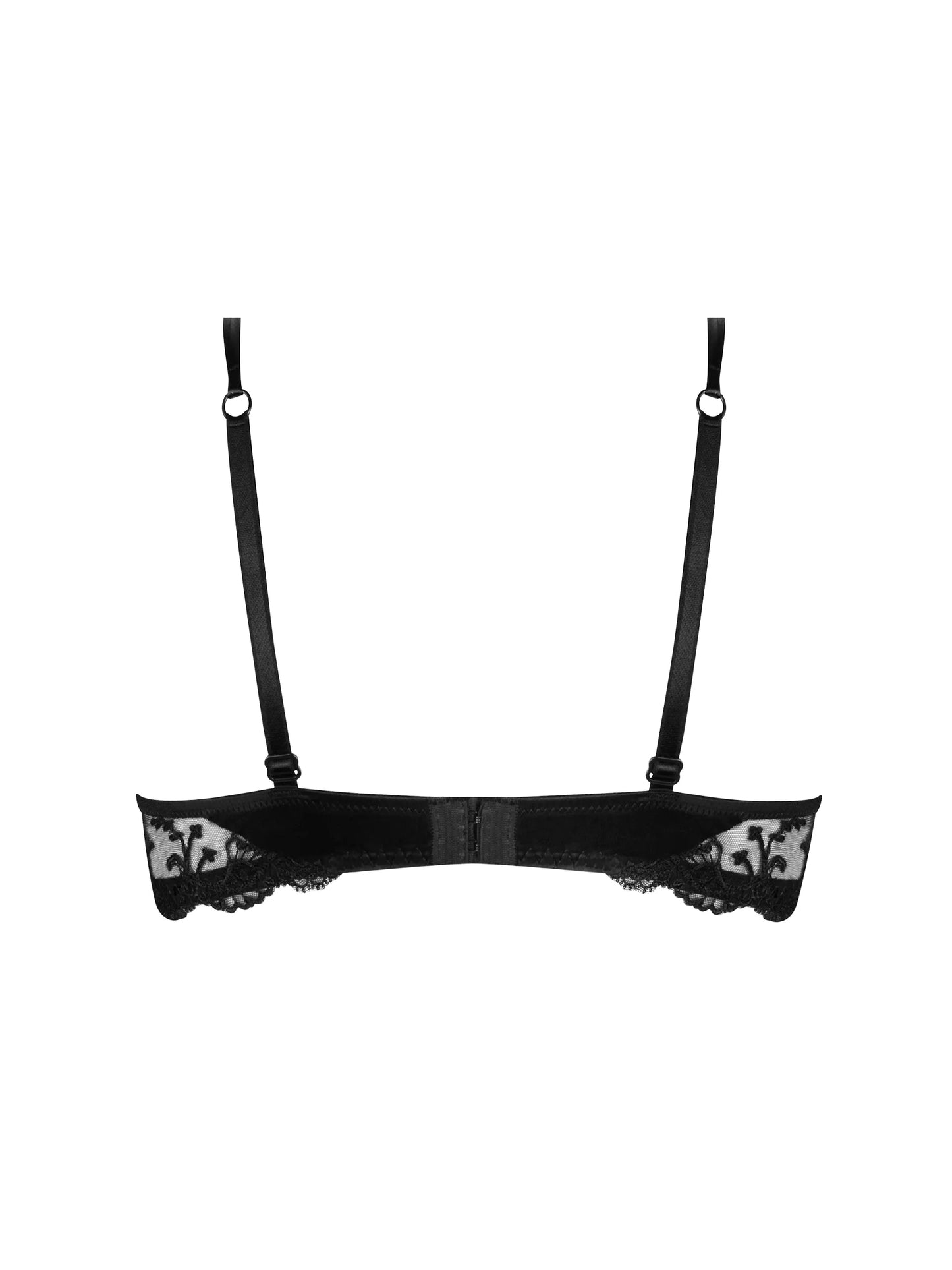 Black bra with lace details on a white background