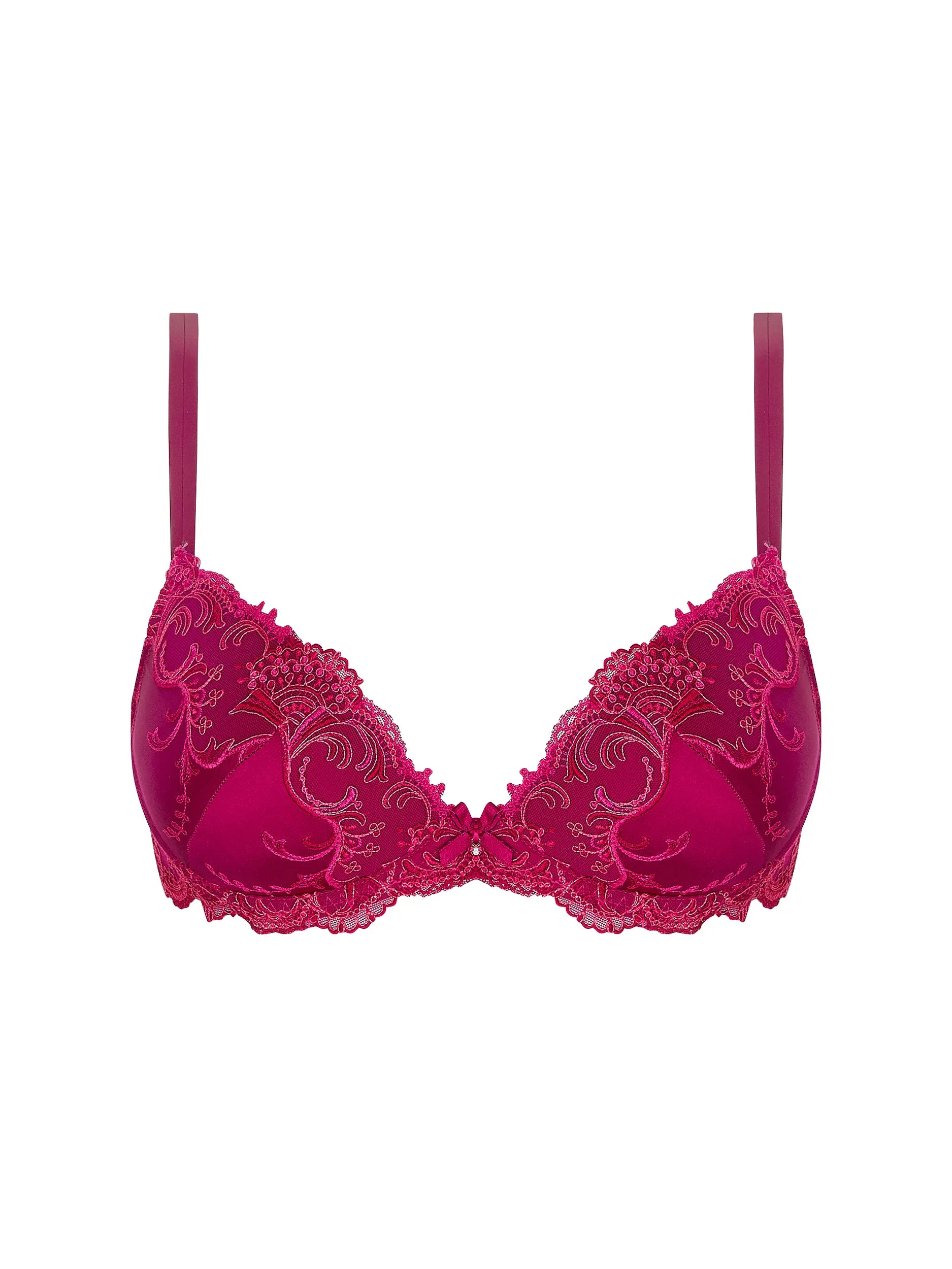Pink bra with lace detailing on a white background