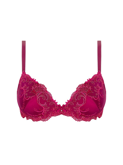 Pink bra with lace detailing on a white background
