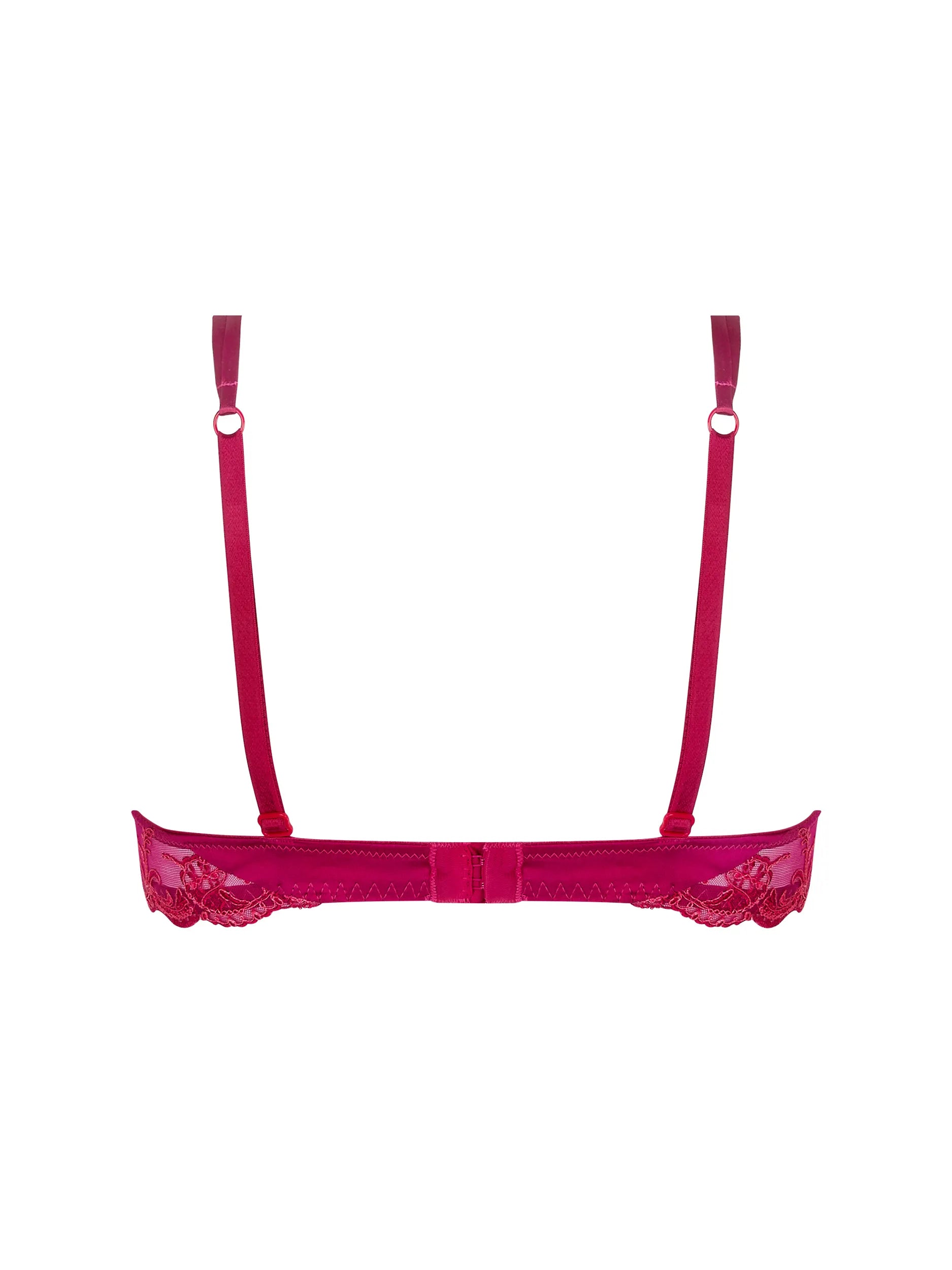 Pink bra with lace details on a white background