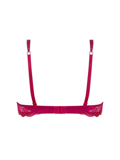 Pink bra with lace details on a white background