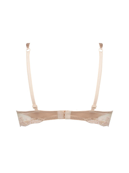 Beige lace bra with straps on a white background