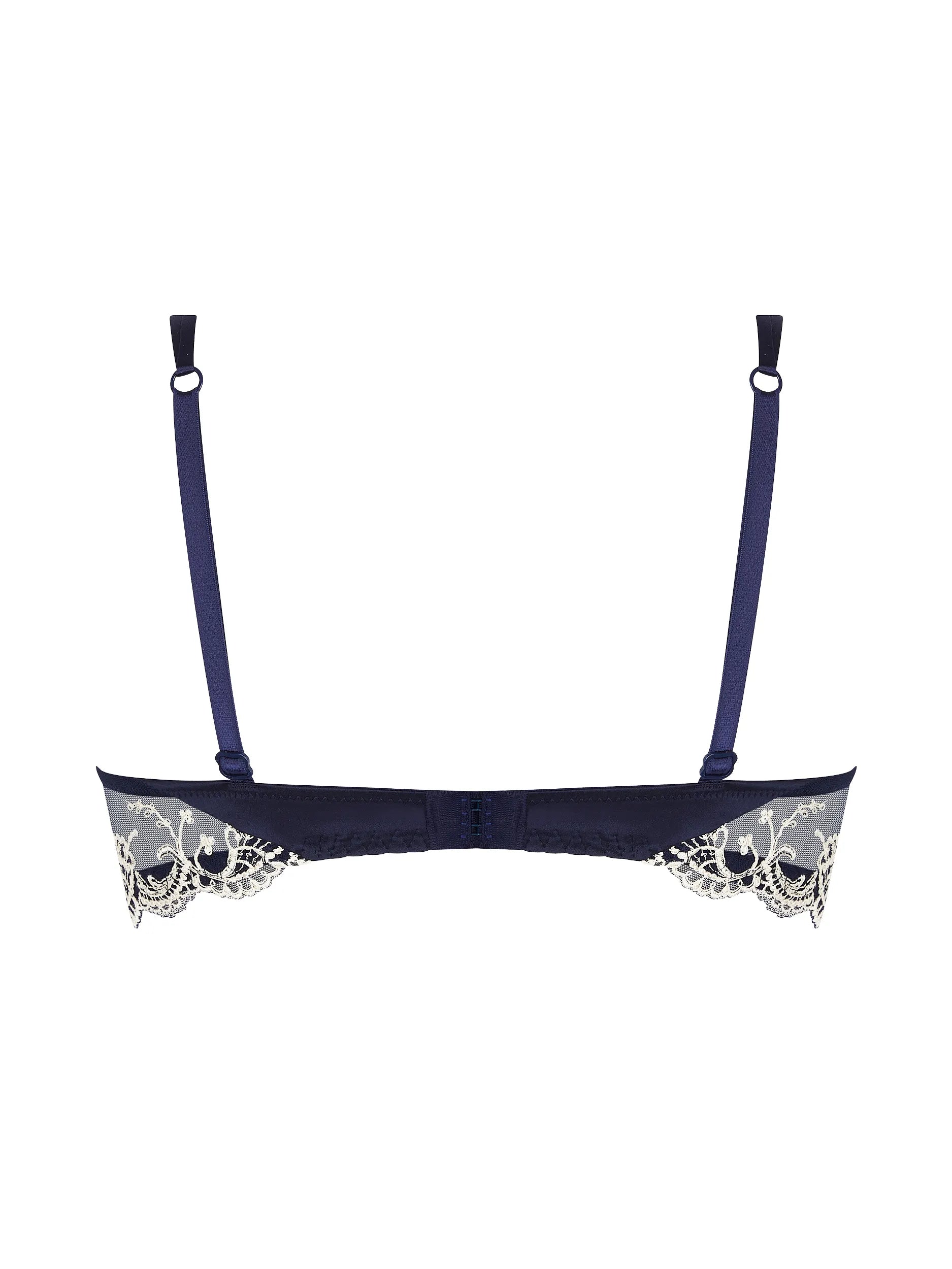 Navy blue bra with lace trim on a white background