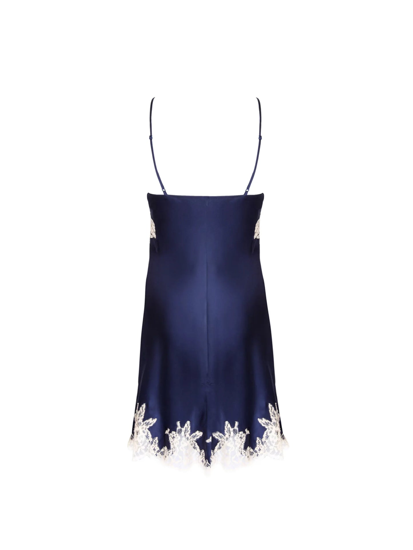 A navy satin slip dress with light lace trim is displayed from the back against a white background.