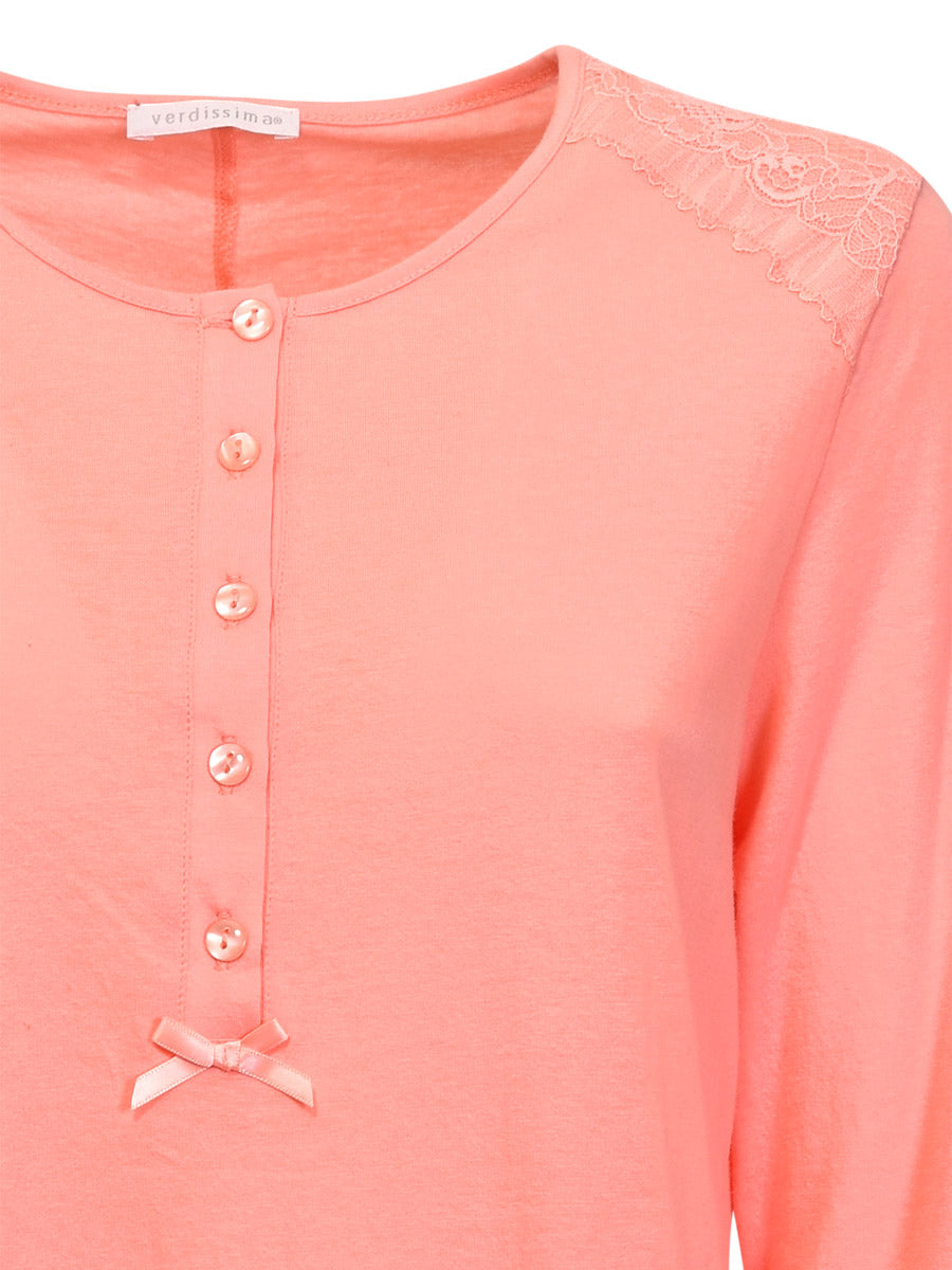 Verdissima's long-sleeved nightgown features a macro-flower motif lace insert for a modern, yet refined design. 