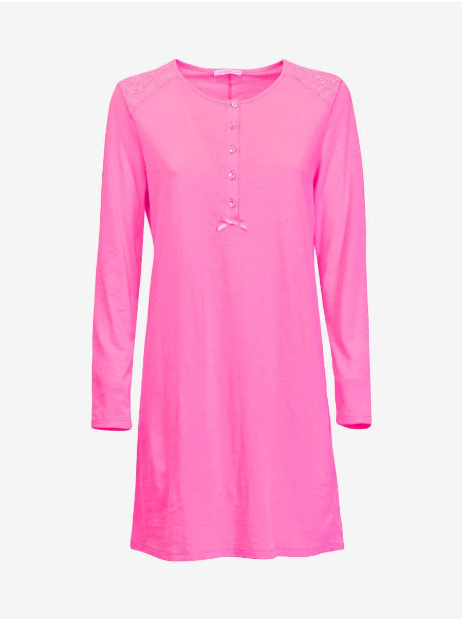 Verdissima's long-sleeved nightgown features a macro-flower motif lace insert for a modern, yet refined design. 