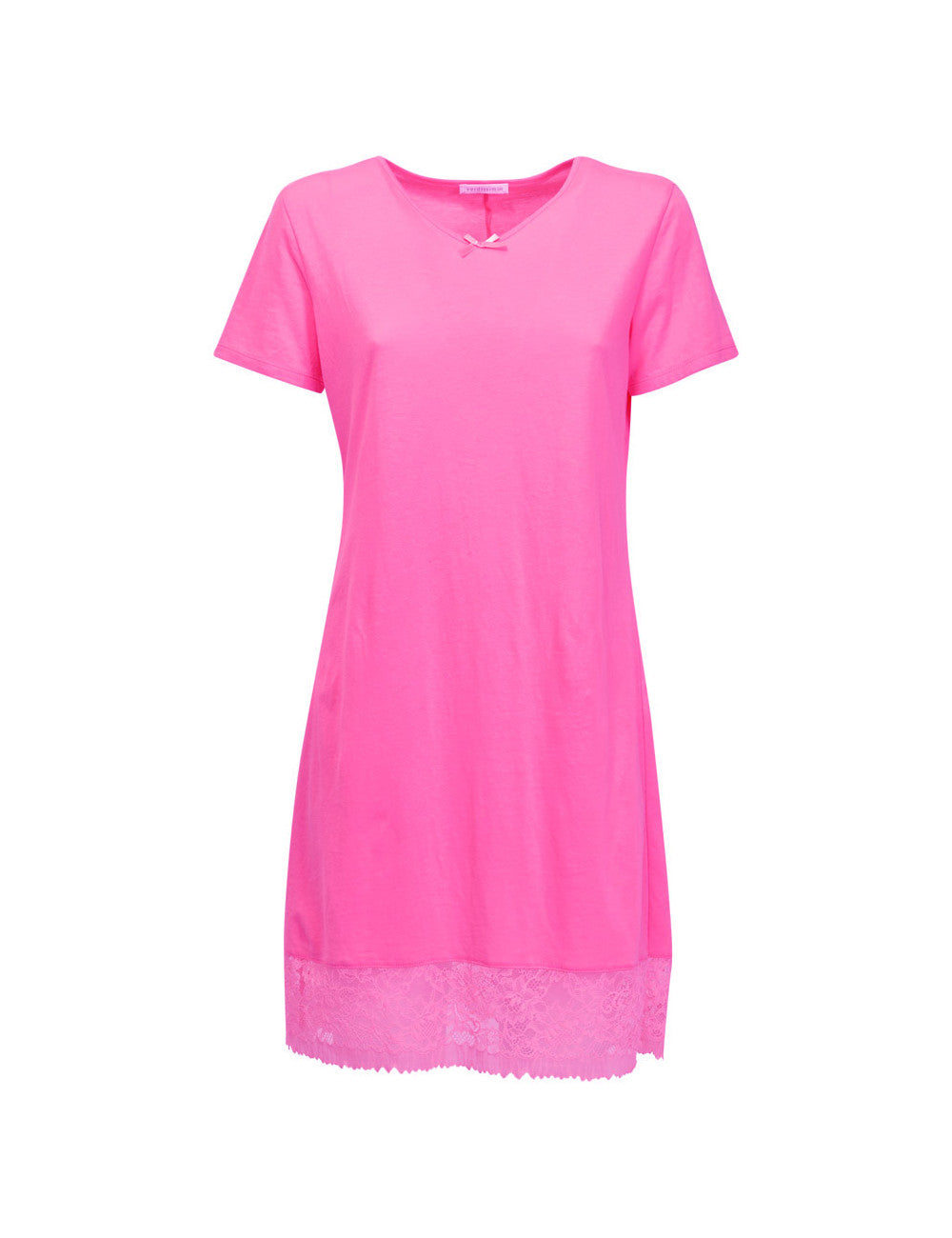 Verdissima's short-sleeved nightgown features a macro-flower motif lace insert for a modern, yet refined design. 