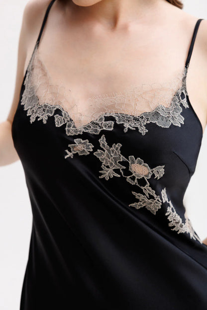 Spaghetti straps black slip dress with Leavers lace detailing 