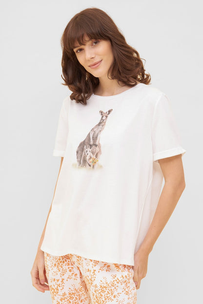 Model is wearing Be Happy Cotton T-Shirt with Animal Motif front picture with matching bottom (sold separately) 