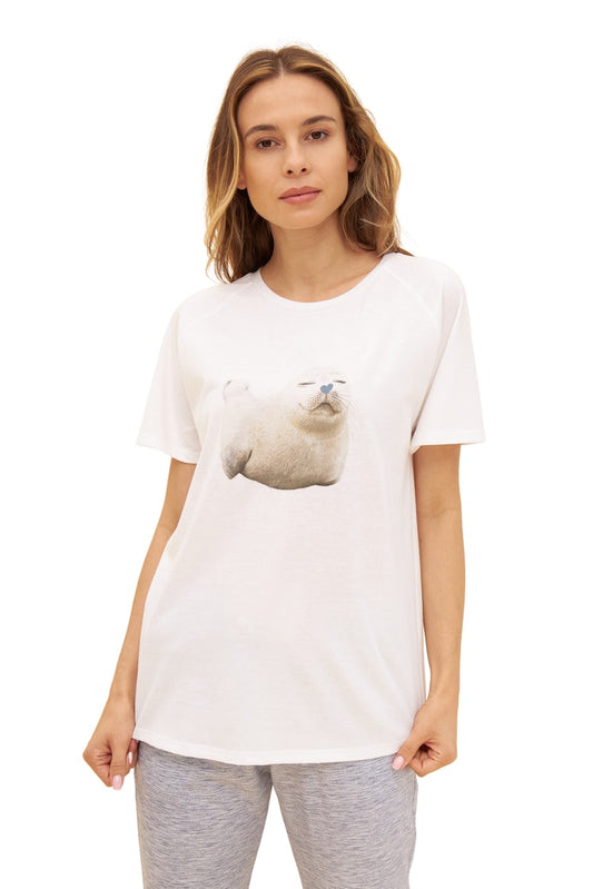 Women is wearing Be Happy Jersey Cotton Classic T-Shirt with seal print front picture with matching bottom ( sold separately) 