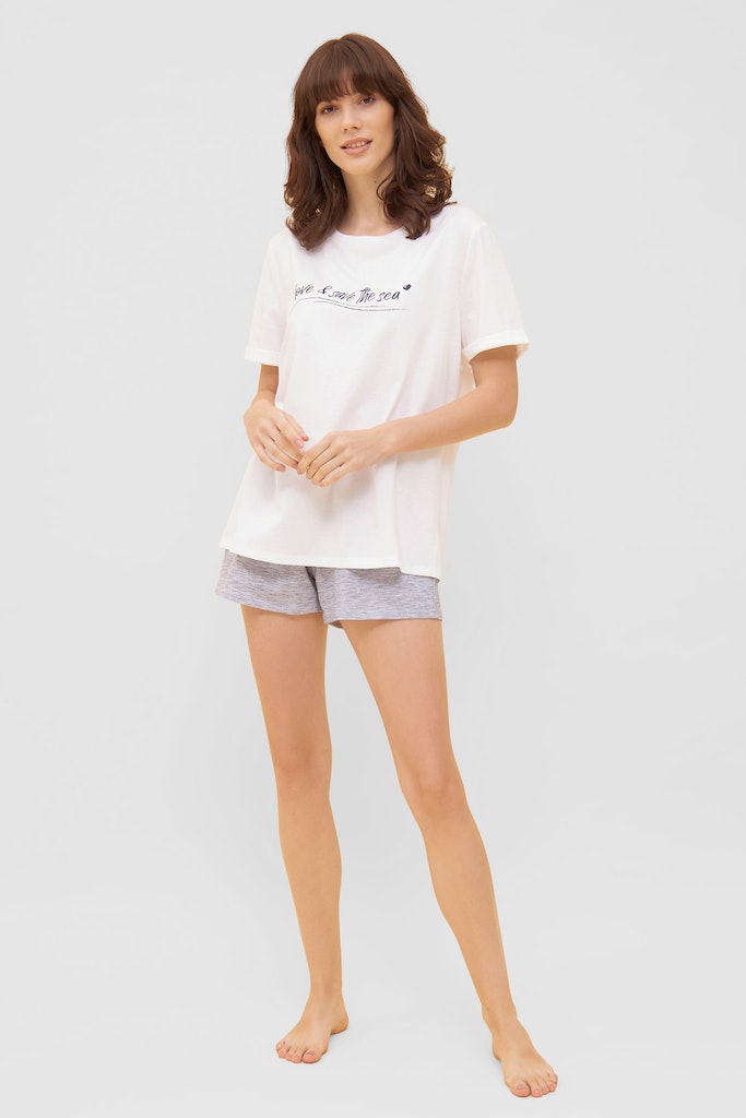 Model is wearing  Be Happy Blue Melange Look Cotton Short front picture with matching top (sold separately)