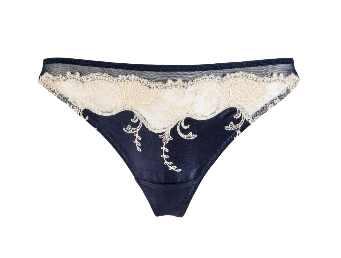 Navy Blue Lise Charmel Splendeur Soie Luxury Silk Embroidered Thong