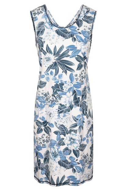 This nightgown from Rösch's Smart Casual collection is crafted from lightweight, supple single jersey cotton fabric, embellished with an indigo floral print. It is designed with a flattering, relaxed fit that ensures optimum comfort and ease of movement.  Sleeveless  Round-neck Stretchable cotton fabric The model is 176 cm tall and wears this item in a size M Made in EU, imported