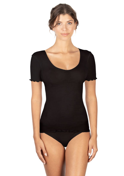 Black super soft short sleeve top from the Wool & Silk line by EGi from Italy at Di Moda Lingerie Toronto