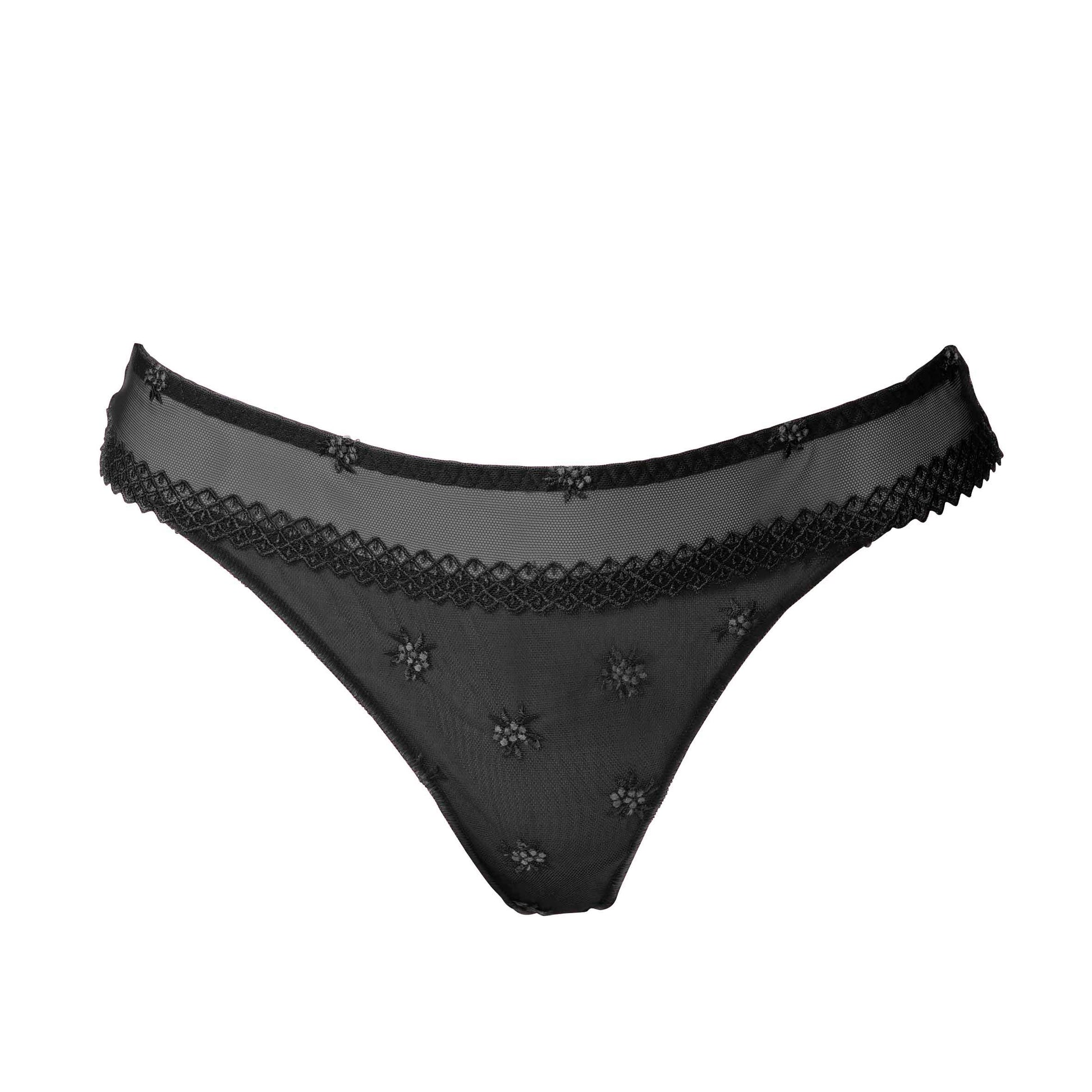 The Chantilly line by Louisa Bracq thong features a geometric border-line complemented by shimmering iridescent medallions, providing a sophisticated and refined air. 