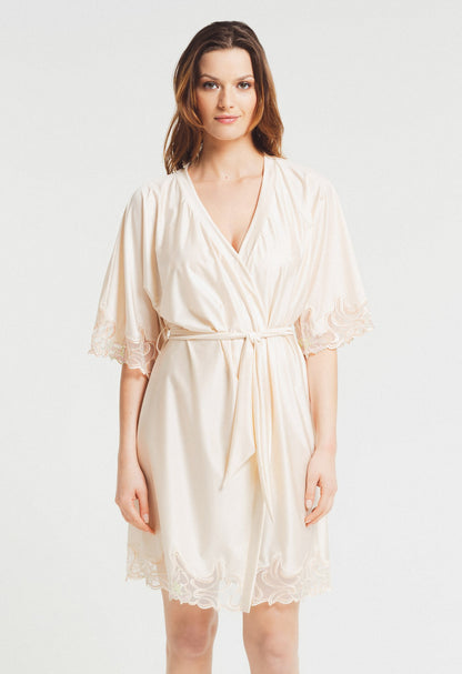 The Horta line's silky, wrap style kimono is inspired by the varied architecture of Victor Horta, a renowned Belgian architect renowned for his involvement in the Art Nouveau movement in Belgium.